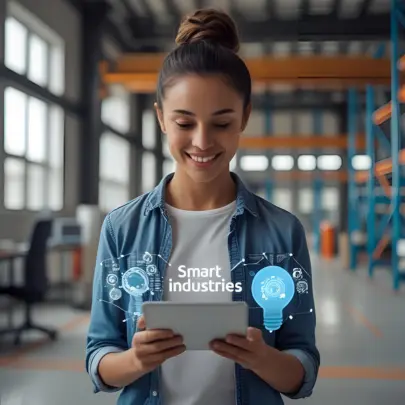 Das Bild illustriert den Zielmarkt Smart Industries und zeigt eine hochmoderne Smart Factory mit vernetzten Produktionsanlagen, Industrierobotern und digital gesteuerten Prozessen. Sensoren, Datenströme und innovative Steuerungssysteme visualisieren die intelligente Vernetzung von Maschinen, Menschen und Produkten. Im Fokus stehen Digitalisierung, Automatisierung und flexible Produktionsinfrastruktur, die individuelle Kundenanforderungen und effiziente Wertschöpfung ermöglichen. Die Szene vermittelt Innovationskraft, Industrie 4.0 und die Zukunftsfähigkeit vernetzter, datengetriebener Industrieunternehmen – ideal für Entscheider, die auf digitale Transformation und smarte Fertigung setzen.